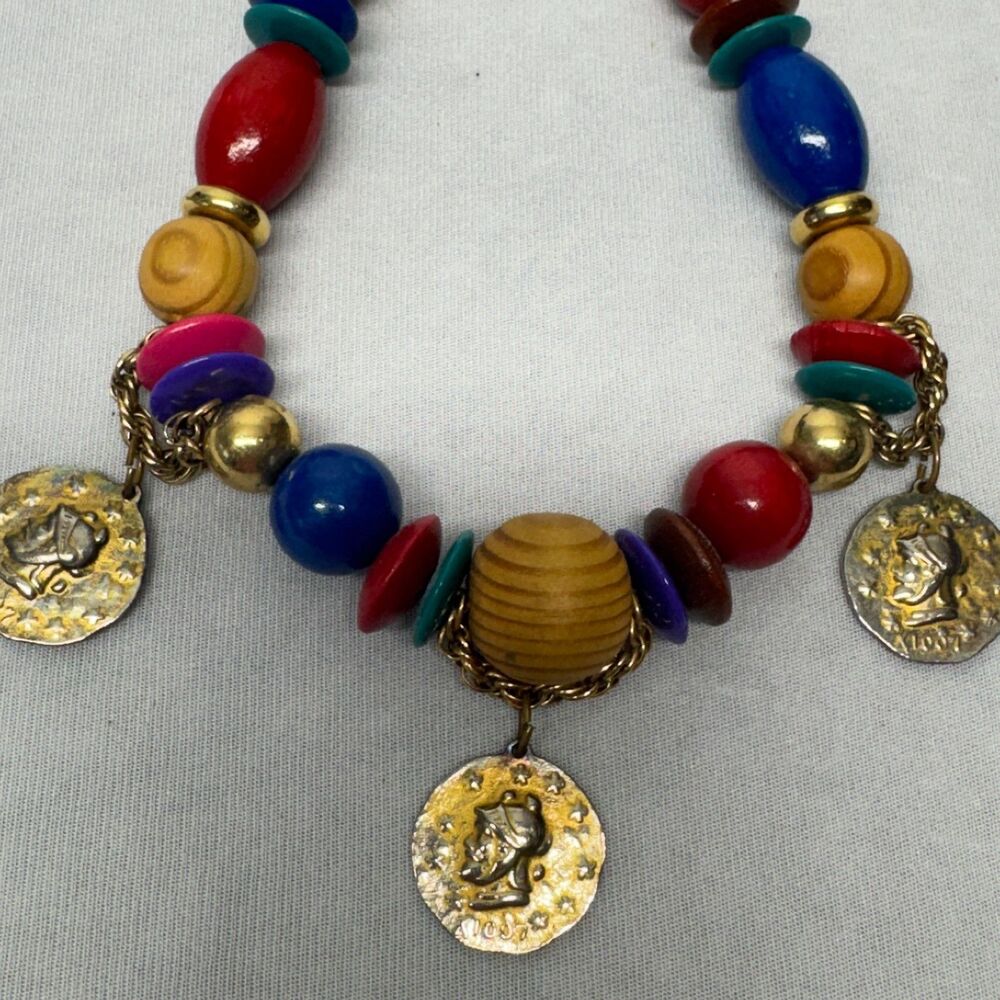 Vintage Chunky Boho Coin Wood Necklace Colorful Gumball Candy Statement Choker